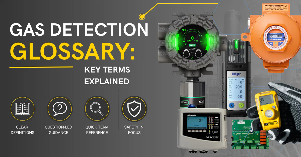 Frontline Safety gas detection glossary blog thumbnail featuring portable and fixed gas detection equipment with the text “Gas Detection Glossary: The Key Terms Explained