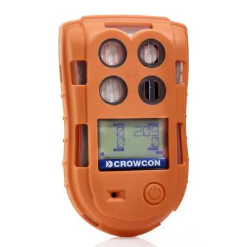 Crowcon T4 Multi-Gas Detector, in orange with 4 sensor slots and LCD screen. 