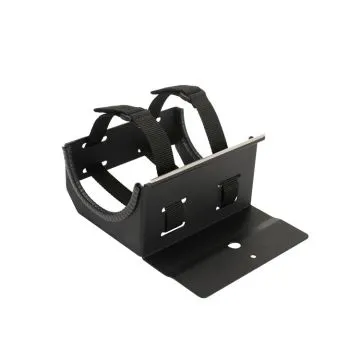 Table-mounted black bracket with two straps to hold calibration cylinder bottle