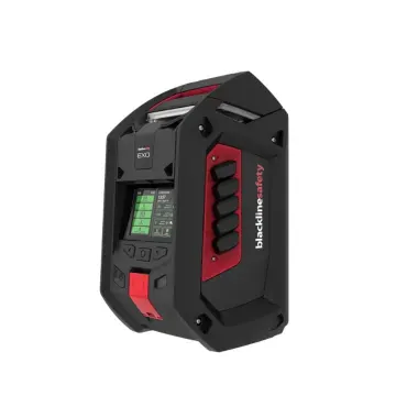Blackline Safety EXO 8 Area Monitor with pump module showing dual LCD display, four sample inlets and SOS latch
