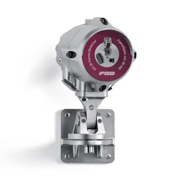 FGD Flame Detector with silver stainless steel casing and a red label to identify the UV-IR-HD model