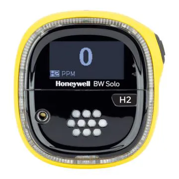 Yellow Honeywell BW Solo Single Gas Detector with black label to identify detection of Hydrogen (H2) gas.