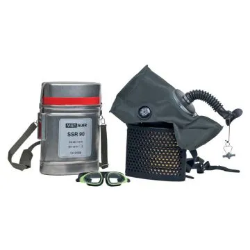 MSA SSR 90 oxygen self-rescuer, stainless steel container with MSA Auer label, carrying strap, breathing bag with mouthpiece and escape goggles