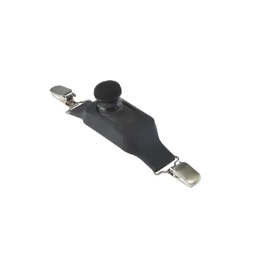 TSI OmniWear Noise dosimeter in black rubber boot with two stainless steel croc clips and foam-tipped microphone windscreen, shown from above