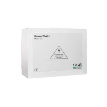 S&S Northern CS2 Current Switch, white wall-mounted enclosure with isolate-before-removal warning and CE mark