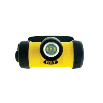 Headtorch from the front, highlighting its robust build and bright LED light.