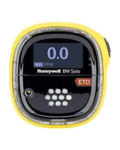 Yellow Honeywell BW Solo Single Gas Detector with red label to identify detection of ETO gas.
