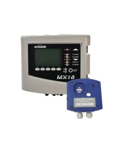 Front view of the Teledyne MX16 Easy Duo gas detection system, showing LCD display, alarm indicators, and control panel.