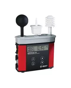 TSI QUESTemp 34 Heat Stress Monitor with WBGT measurement, IP54 rating, black globe sensor, and humidity monitoring for workplace safety."