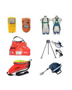 Confined space rescue kit that comes with the choice of multi-gas monitor, rescue harness, escape kit, tripod and rescue device from industry-leading brands