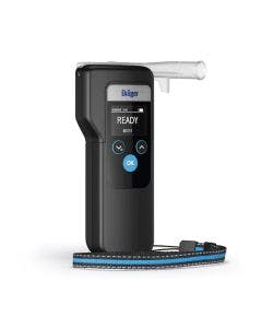 Black handheld Drager Safety 6000 breathalyser device with plastic mouthpiece attafched and a black and blue safety strap.