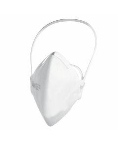 White disposable facemask without exhalation valve.