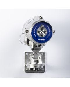 Stainless steel triple IR detector from FGD with blue label to identify type.