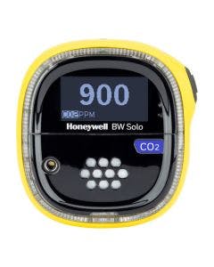 Yellow Honeywell BW Solo Single Gas Detector with purple label to identify detection of carbon dioxide (CO2).
