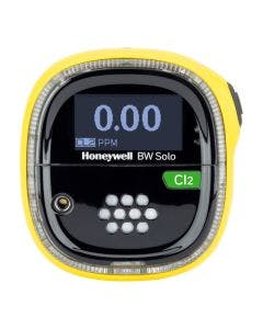Yellow Honeywell BW Solo Single Gas Detector with greenlabel to identify detection of chlorine (CL2) gas.