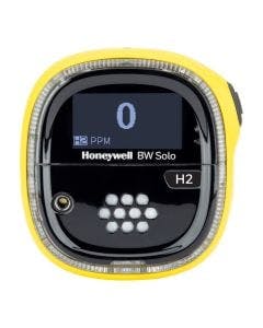 Yellow Honeywell BW Solo Single Gas Detector with black label to identify detection of Hydrogen (H2) gas.
