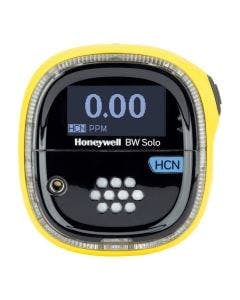 Yellow Honeywell BW Solo Single Gas Detector with blue label to identify detection of Hydrogen Cyanide (HCN).