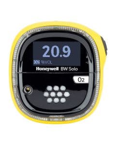 Yellow Honeywell BW Solo Single Gas Detector with blue label to identify detection of Oxygen (O2) gas.