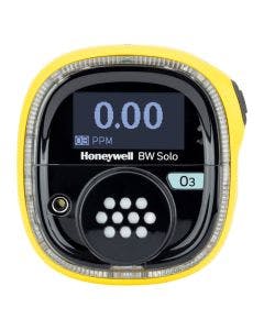 Yellow Honeywell BW Solo Single Gas Detector with blue label to identify detection of Nitrogen Dioxide (NO2) gas.