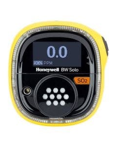 Yellow Honeywell BW Solo Single Gas Detector with orange label to identify detection of Sulphur Dioxide (SO2)