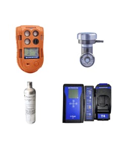 Picture of a gas monitor, a demand flow regulator, calibration gas bottle and an automatic bump/calibration station. 