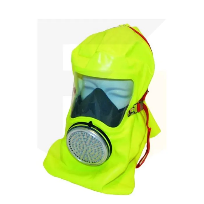 MSA S-Cap Fire Escape Hood, bright yellow hood with wide lens, nose cup and filter on display head