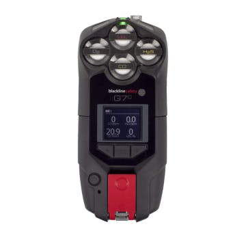 Blackline Safety G7c Multi-Gas Detector with display showing gas levels for CO, H₂S, O₂, and LEL, featuring a compact, rugged design with visible gas sensor ports and a bright red emergency latch.