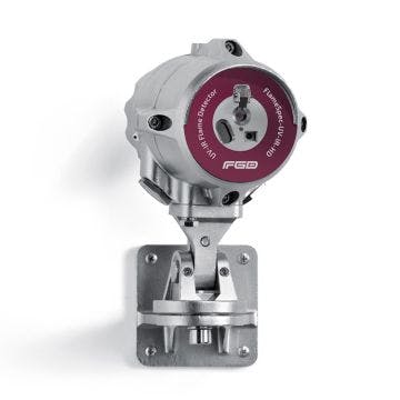 FGD Flame Detector with silver stainless steel casing and a red label to identify the UV-IR-HD model