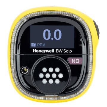 Yellow Honeywell BW Solo Single Gas Detector with blue label to identify detection of Ozone (O3) gas.