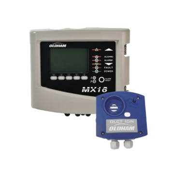 Front view of the Teledyne MX16 Easy Duo gas detection system, showing LCD display, alarm indicators, and control panel.