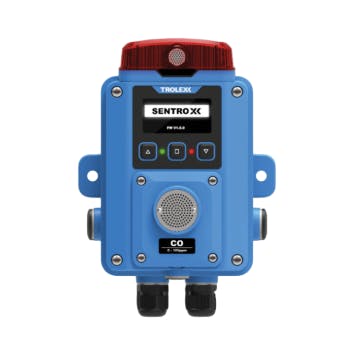 A Trolex SENTRO X detector installed in what appears to be a mining or rugged industrial environment, specifically monitoring methane (CH₄). The display reads 