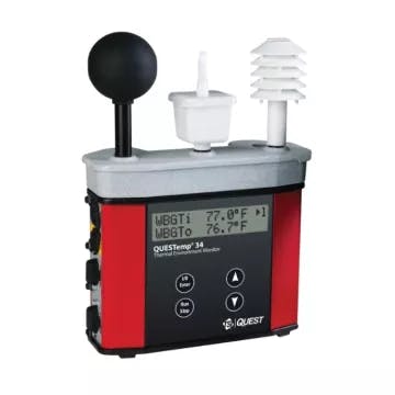 TSI QUESTemp 34 Heat Stress Monitor with WBGT measurement, IP54 rating, black globe sensor, and humidity monitoring for workplace safety."