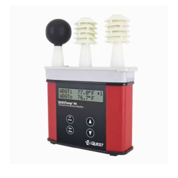 TSI QUESTemp 44 Heat Stress Monitor with waterless wet bulb sensor, WBGT measurement, IP54 rating, and dual humidity sensors for workplace safety.