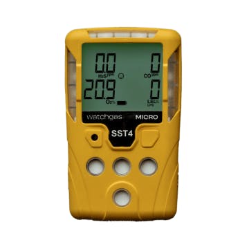 Watchgas SST4 Micro, yellow casing with LCD screen displaying O2, H2S, CO and LEL levels. 