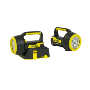 Wolflite headlamp alongside its mains charger, Black and yellow equipment for hazardous areas 