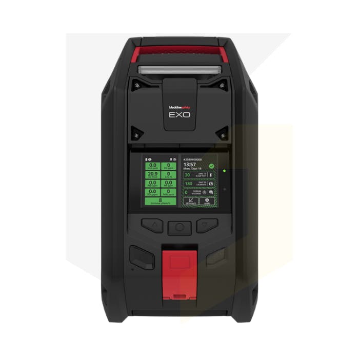 A front view of the Blackline Safety EXO 8 Area Monitor shows its dual-display interface. The rugged, black device features a bright green screen displaying real-time gas readings and device status. It has a prominent red handle and button and a solid, in