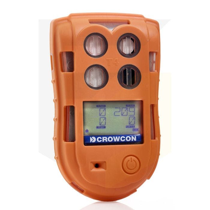 Crowcon T4 Multi-Gas Detector. A bright orange monitor with gas values shows on display. 