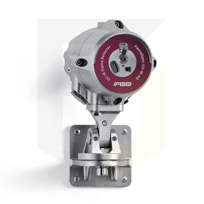 FGD Flame Detector with silver stainless steel casing and a red label to identify the UV-IR-HD model