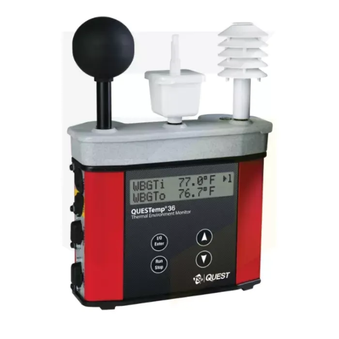 TSI QUESTemp 36 Heat Stress Monitor with WBGT measurement, IP54 rating, black globe sensor, and humidity monitoring for workplace safety.