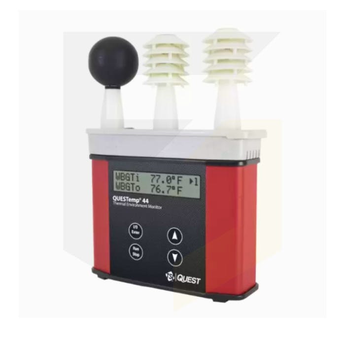 TSI QUESTemp 44 Heat Stress Monitor with waterless wet bulb sensor, WBGT measurement, IP54 rating, and dual humidity sensors for workplace safety.