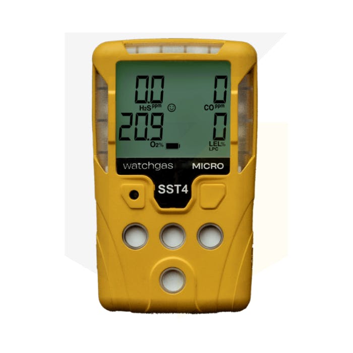 Watchgas SST4 Micro, yellow casing with LCD screen displaying O2, H2S, CO and LEL levels. 