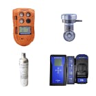 Picture of a gas monitor, a demand flow regulator, calibration gas bottle and an automatic bump/calibration station. 