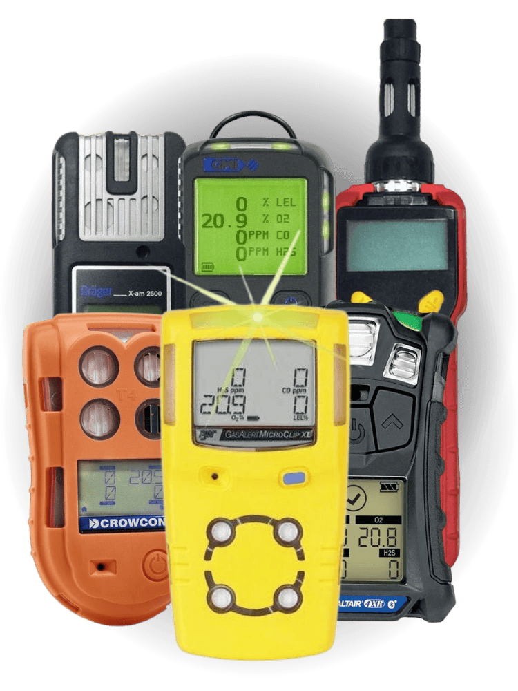 Portable multi-gas detectors including CO, H₂S, O₂, PID and LEL monitors used for workplace gas safety testing.
